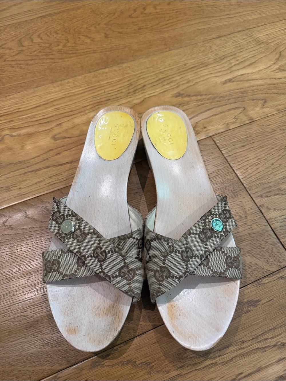 Gucci Beige Monogram Crossband Mules Wooden